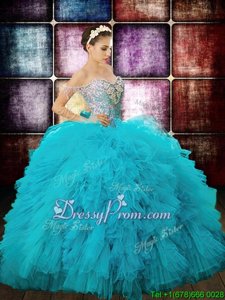 Lovely Aqua Blue Quinceanera Dress Military Ball and Sweet 16 and Quinceanera and For withBeading and Ruffles and Sequins Off The Shoulder Sleeveless Zipper