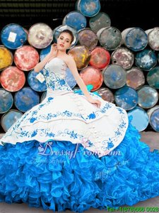 Dynamic Floor Length Blue And White Quince Ball Gowns Organza Sleeveless Spring and Summer and Fall and Winter Appliques and Embroidery and Ruffles