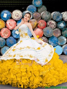Cute Organza Sweetheart Sleeveless Lace Up Appliques and Embroidery and Ruffles 15 Quinceanera Dress inYellow And White