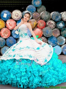 Latest Blue And White Lace Up Ball Gown Prom Dress Appliques and Embroidery and Ruffles Sleeveless Floor Length