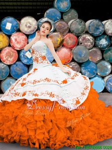Stunning Organza Sweetheart Sleeveless Lace Up Appliques and Embroidery and Ruffles 15th Birthday Dress inOrange