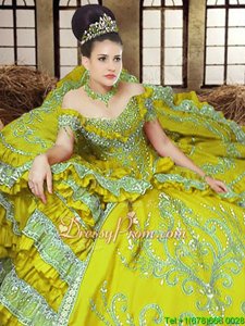 Fashionable Light Yellow Ball Gowns Off The Shoulder Sleeveless Satin Floor Length Lace Up Embroidery 15 Quinceanera Dress