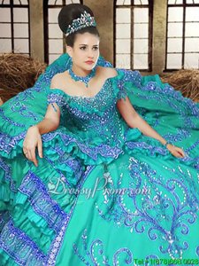 Inexpensive Off The Shoulder Sleeveless Lace Up Quinceanera Gown Turquoise Satin
