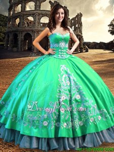 Enchanting Floor Length Lace Up 15th Birthday Dress Turquoise and In forMilitary Ball and Sweet 16 and Quinceanera withLace and Embroidery