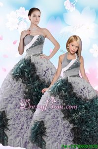 Suitable Sleeveless Floor Length Sequins and Pick Ups Lace Up Quinceanera Gowns with Multi-color