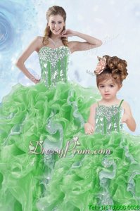 Beauteous Floor Length Lace Up 15th Birthday Dress Green and In forMilitary Ball and Sweet 16 and Quinceanera withBeading and Ruffles and Sequins