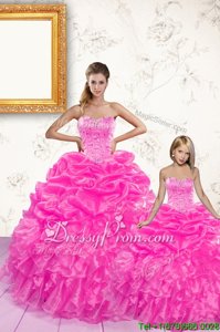 Hot Pink Lace Up 15th Birthday Dress Beading and Ruffles and Pick Ups Sleeveless Floor Length
