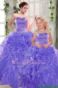 Cute Lavender Ball Gowns Beading and Ruffles 15th Birthday Dress Lace Up Organza Sleeveless Floor Length