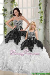 Glittering White and Black Organza Lace Up Sweetheart Sleeveless Floor Length Quinceanera Dresses Beading and Ruffles