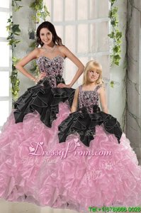 Custom Fit Sleeveless Floor Length Beading and Ruffles Lace Up Sweet 16 Dress with Pink And Black