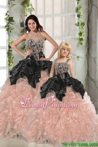 Custom Design Black and Peach Sleeveless Beading and Ruffles Floor Length Quinceanera Dress