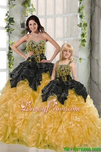Deluxe Black and Yellow Sleeveless Organza Lace Up Quinceanera Gown forMilitary Ball and Sweet 16 and Quinceanera