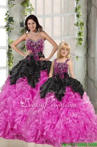 Modest Pink And Black Sweet 16 Dress Military Ball and Sweet 16 and Quinceanera and For withBeading and Ruffles Sweetheart Sleeveless Lace Up