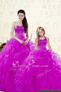 New Style Purple Organza Lace Up Vestidos de Quinceanera Sleeveless Floor Length Beading and Ruffles