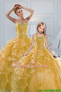 Ball Gowns 15 Quinceanera Dress Gold Sweetheart Organza Sleeveless Floor Length Lace Up