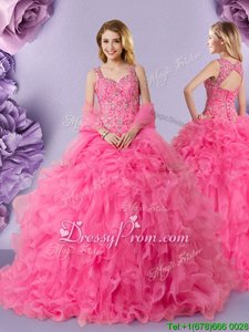 Smart Sleeveless Floor Length Lace Lace Up Sweet 16 Dresses with Orange