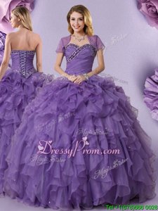 Deluxe Purple Sleeveless Floor Length Beading and Ruffles Lace Up Quince Ball Gowns
