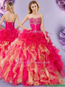 Exceptional Hot Pink and Gold Lace Up Sweetheart Beading and Ruffles Quinceanera Gowns Organza Sleeveless