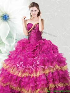 Charming Sleeveless Organza Floor Length Lace Up Quinceanera Dresses inFuchsia and Gold forSpring and Summer and Fall and Winter withRuffles and Ruffled Layers