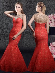 Glamorous Red Mermaid Lace Bateau Cap Sleeves Beading and Lace Floor Length Zipper Dress for Prom