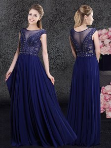 Scoop Navy Blue Cap Sleeves Chiffon Side Zipper Dress for Prom for Prom and Military Ball and Wedding Party