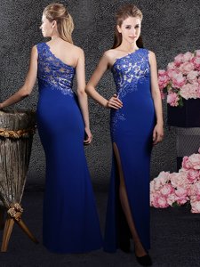 One Shoulder Royal Blue Side Zipper Prom Dress Lace and Appliques Sleeveless Floor Length
