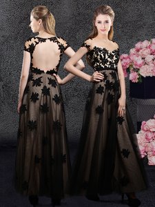 Romantic Sweetheart Short Sleeves Backless Prom Party Dress Black Tulle