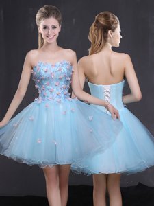 Appliques Prom Party Dress Light Blue Lace Up Sleeveless Mini Length