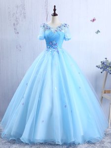 Stunning Scoop Floor Length A-line Short Sleeves Baby Blue Prom Dress Lace Up