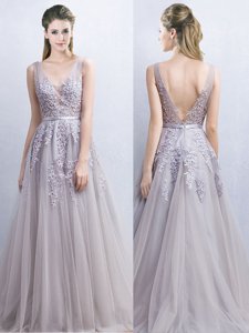 Backless V-neck Sleeveless Homecoming Dress With Brush Train Appliques and Belt Grey Tulle