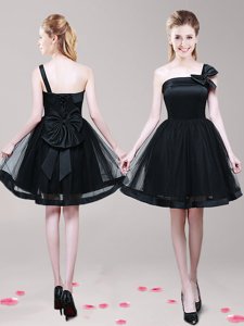 Traditional One Shoulder Mini Length Zipper Prom Dress Black and In for Prom and Party with Bowknot