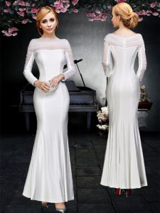 Comfortable Off the Shoulder Ruching Prom Dresses White Backless Long Sleeves Floor Length