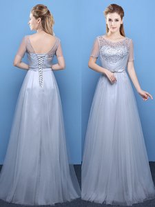 Scoop Beading Prom Gown Grey Lace Up Short Sleeves Floor Length