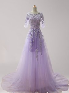 Enchanting Tulle Scoop Half Sleeves Brush Train Zipper Appliques Homecoming Dress in Lavender