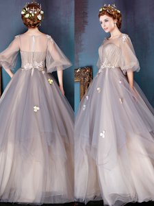 Scoop Tulle Half Sleeves Floor Length and Appliques
