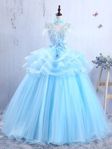 Baby Blue Short Sleeves Floor Length Appliques and Ruffles Lace Up Evening Dress