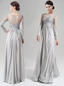 Scoop Long Sleeves Prom Dresses Floor Length Beading and Lace Silver Chiffon