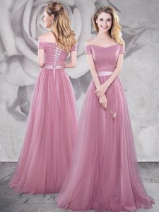 Off the Shoulder Pink Short Sleeves With Train Ruching and Belt Lace Up Prom Party Dress