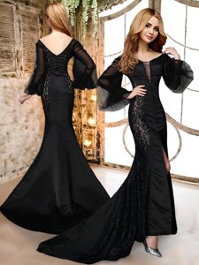 Decent Mermaid Lace Prom Dresses Black Zipper Long Sleeves With Brush Train