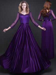 Admirable Purple Elastic Woven Satin Lace Up Long Sleeves Floor Length Prom Gown Appliques and Belt