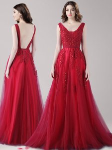 High Quality Tulle Straps Sleeveless Backless Beading and Appliques and Belt Prom Dress in Wine Red