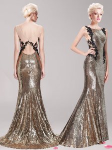 Mermaid Brown Square Clasp Handle Appliques and Sequins Prom Dress Brush Train Sleeveless