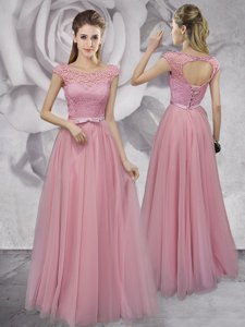 Custom Fit Scoop Pink Empire Lace and Ruching and Bowknot Dress for Prom Lace Up Tulle Cap Sleeves Floor Length
