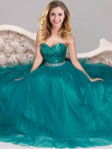 Sequins Sweetheart Sleeveless Zipper Prom Gown Peacock Green Tulle