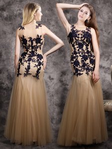 Vintage Mermaid Scoop Floor Length Side Zipper Homecoming Dress Champagne and In for Prom with Lace and Appliques