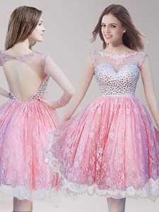 Excellent Scoop Lace Pink And White Sleeveless Knee Length Beading Backless Prom Party Dress