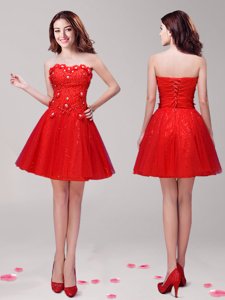 Red Sweetheart Neckline Beading and Appliques Dress for Prom Sleeveless Lace Up