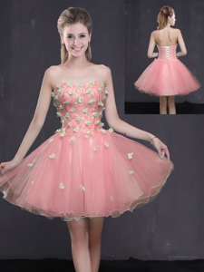 High End Mini Length Lace Up Evening Dress Pink and In for Prom and Party with Appliques