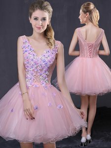 Mini Length A-line Sleeveless Pink Prom Evening Gown Lace Up
