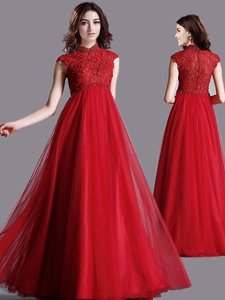 Tulle High-neck Cap Sleeves Zipper Lace Dress for Prom in Red